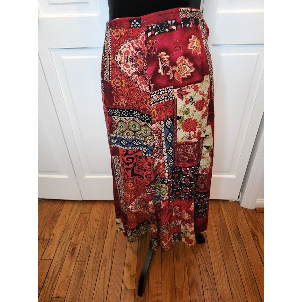 Koret Burgundy Floral Patchwork A Line Midi Skirt 16  Boho Cottage Festival